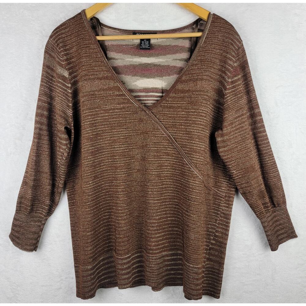 Retro 2X Sweater Long Sleeves V Neck Pullover Brown Metallic Preppy Quite Money